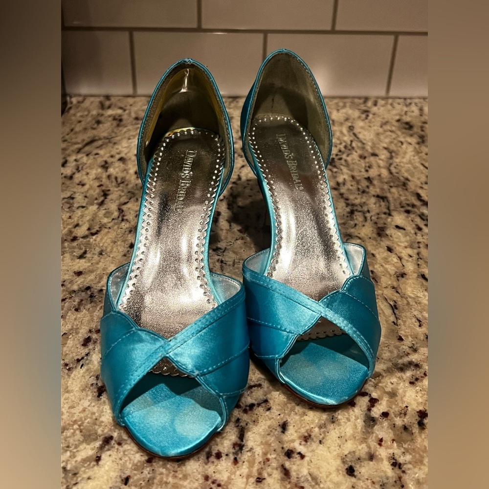 Michelangelo David’s Bridal Shellie Turquoise Peep Toe Heels